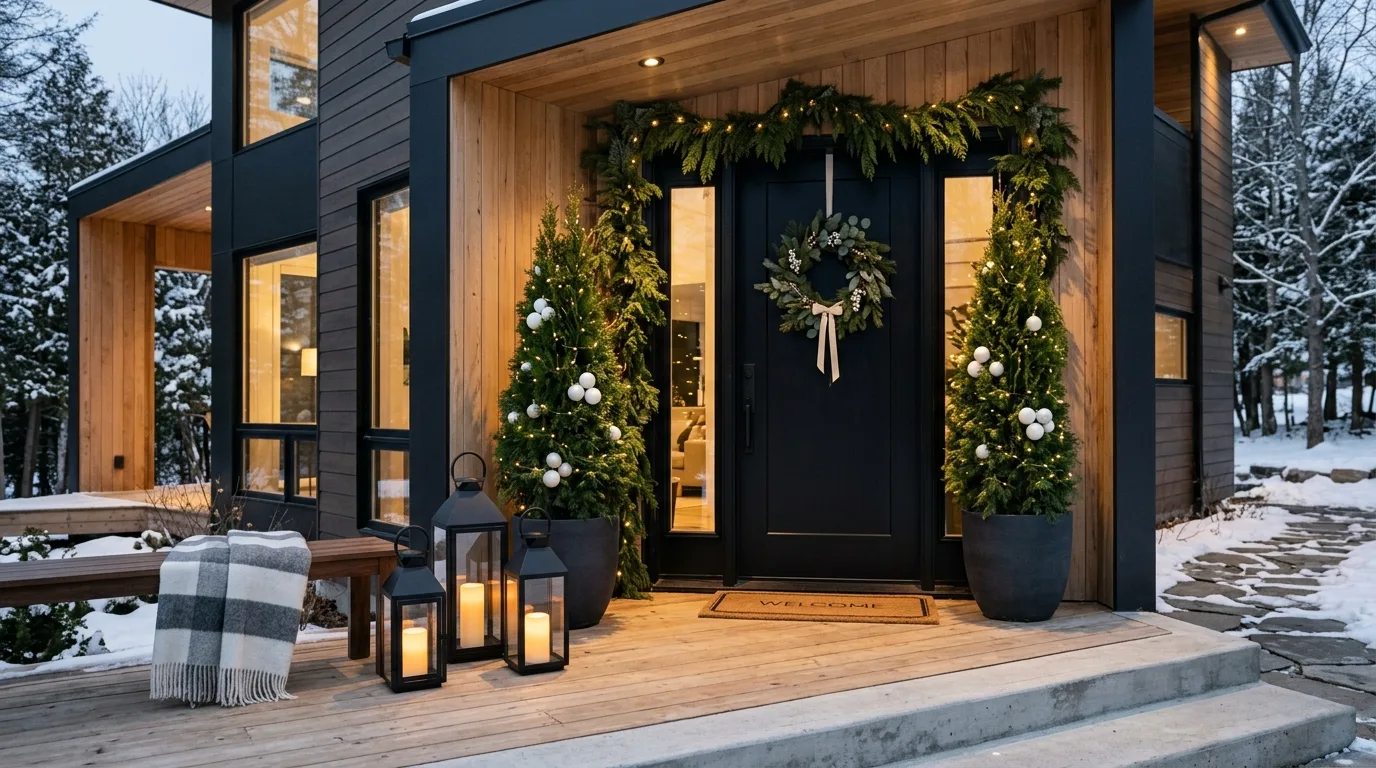 Use bows and ribbon with a more edited hand inspiration for a Christmas porch.